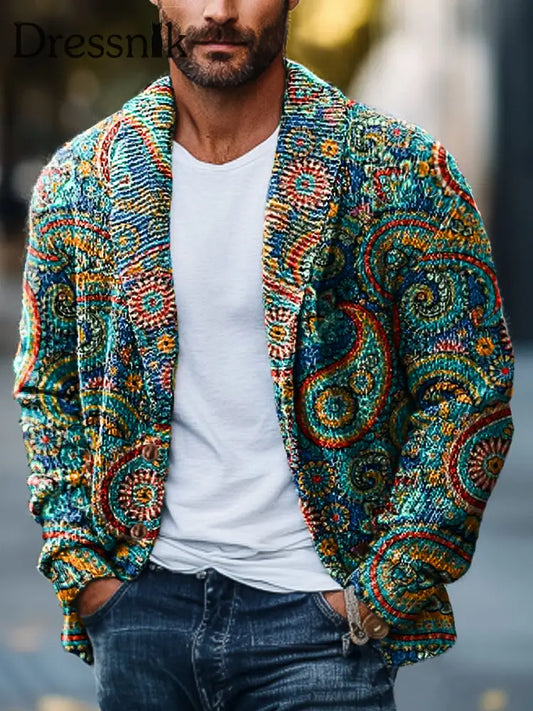 Gentleman Vintage Bunte Paisley Floral Art Print Revers Strickjacke Bunt / S
