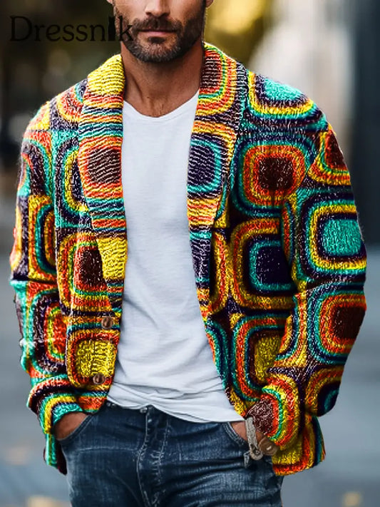Gentleman Vintage Bunte Unregelmäßige Geometrische Kunstdruck-Strickjacke Bunt / S