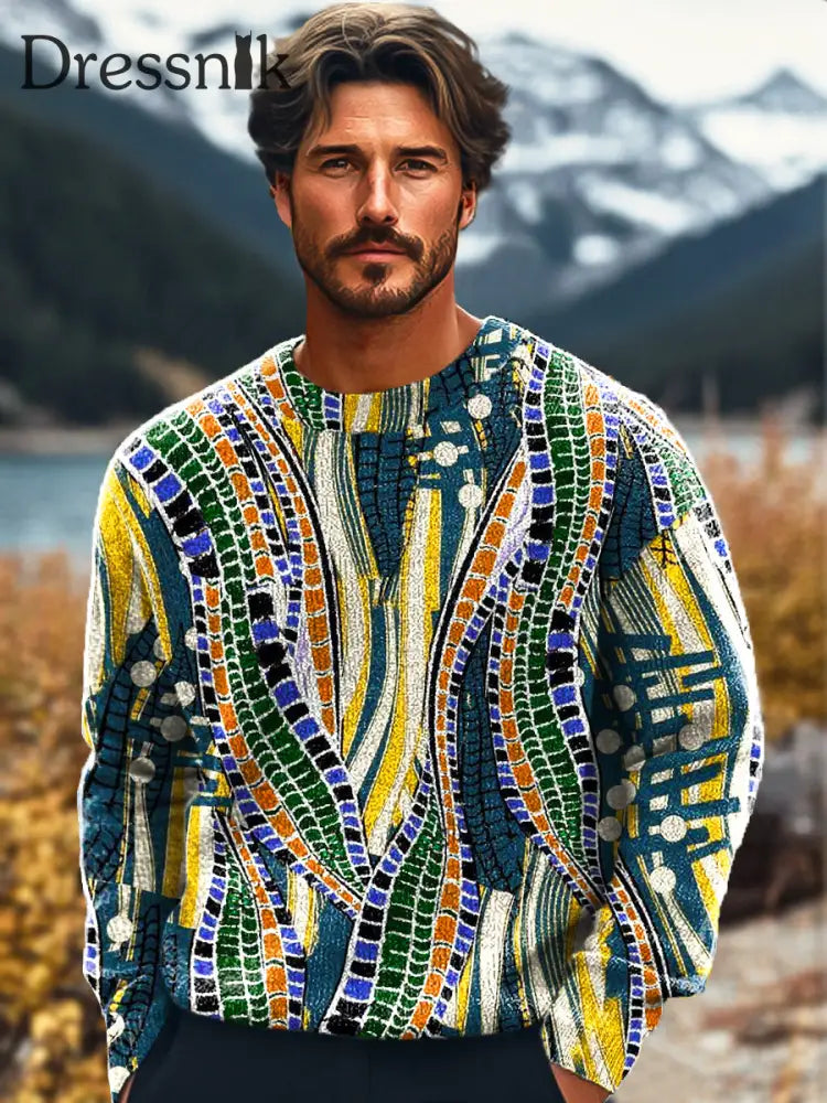 Gentleman Vintage Bunte Unregelmäßige Geometrische Linien Kunst Bedruckte Strick Pullover Mit