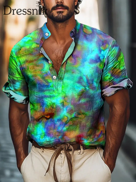 Gentleman Vintage Buntes Abstraktes Swoosh Kunstdruck Kurzarm Henley Hemd Bunt / S