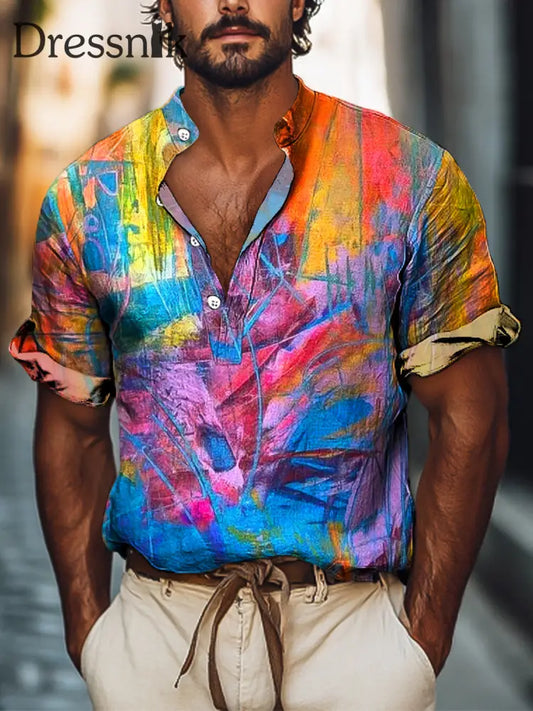 Gentleman Vintage Buntes Unregelmäßiges Graffiti Kunstdruck Kurzarm Henley Hemd Bunt / S