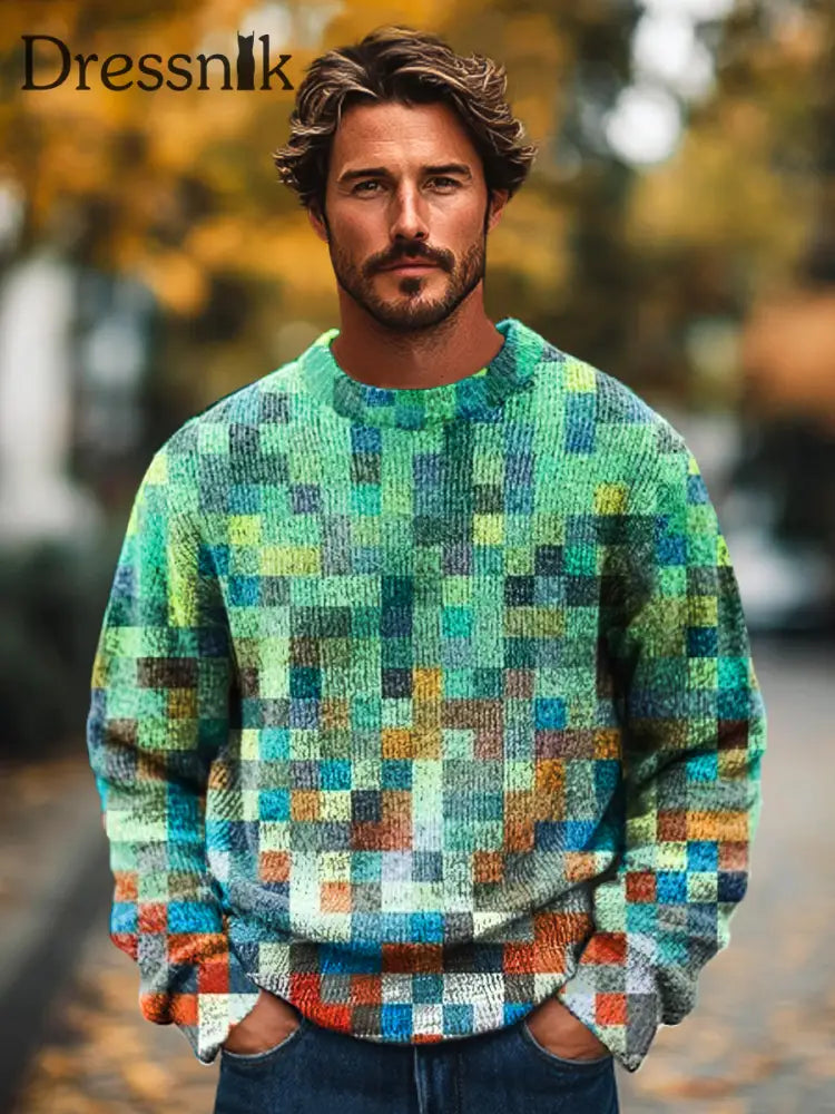 Gentleman Vintage Einfaches Farbverlauf-Mosaik-Kunstdruck-Strick Pullover Mit Rundhals Ausschnitt