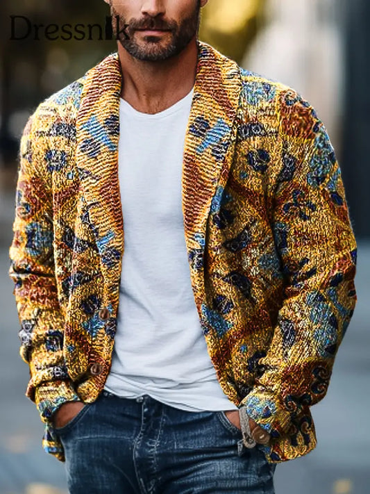 Gentleman Vintage Ethnische Geometrische Kunstdruck Revers Strick Strickjacke Bunt / S