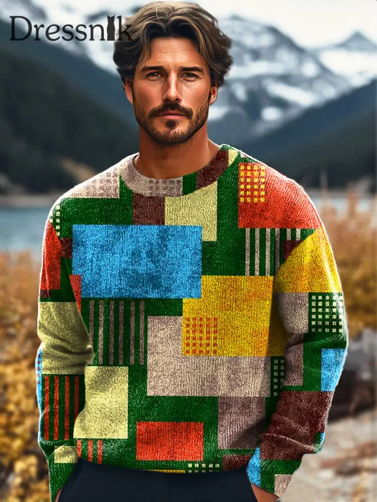 Gentleman Vintage Farb Block Linie Kunstdruck Strick Pullover Mit Rundhals Ausschnitt Bunt / S