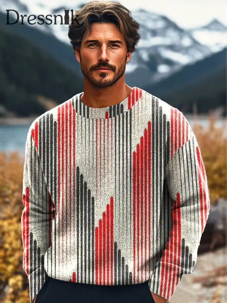 Gentleman Vintage Geometrische Linie Kunstdruck Strick Pullover Mit Rundhals Ausschnitt Bunt / S