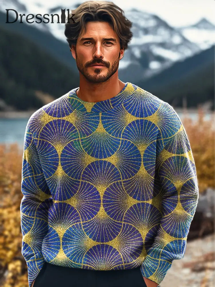 Gentleman Vintage Geometrische Wellen-Kunstdruck Strick Pullover Hemd Mit Rundhals Ausschnitt Bunt