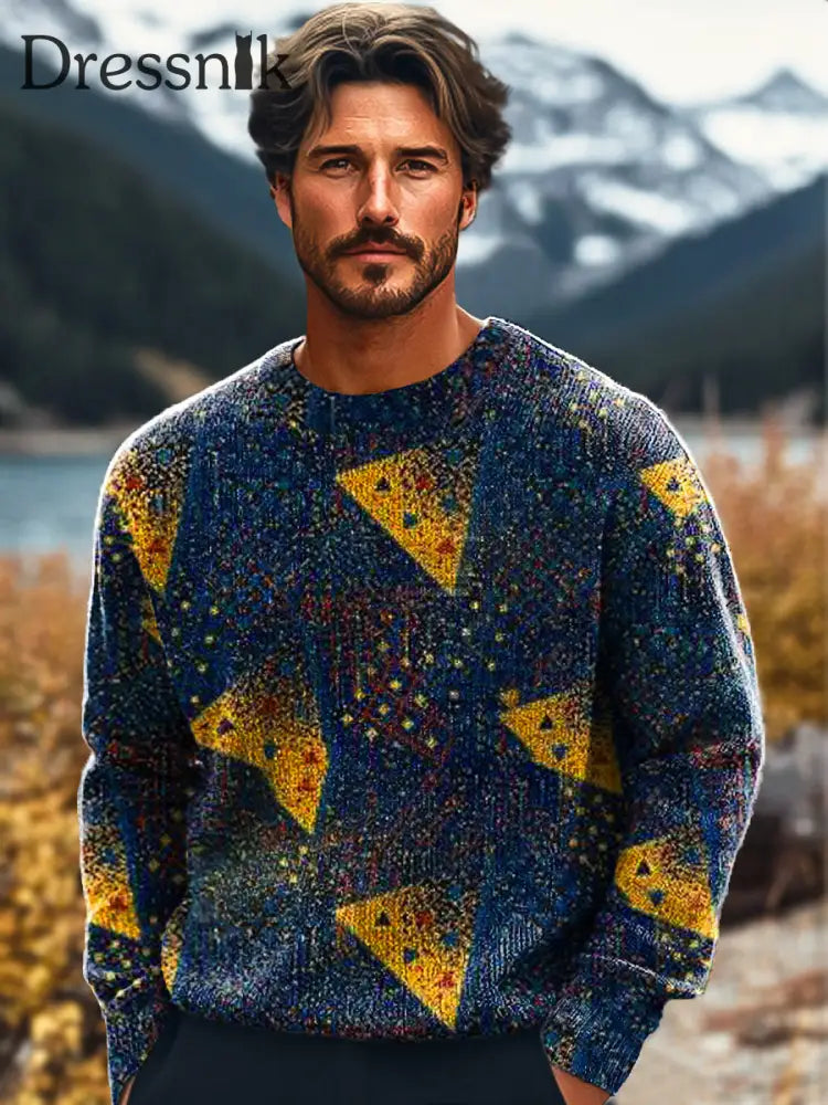 Gentleman Vintage Geometrischer Kunstdruck Strick Pullover Mit Rundhals Ausschnitt Bunt / S