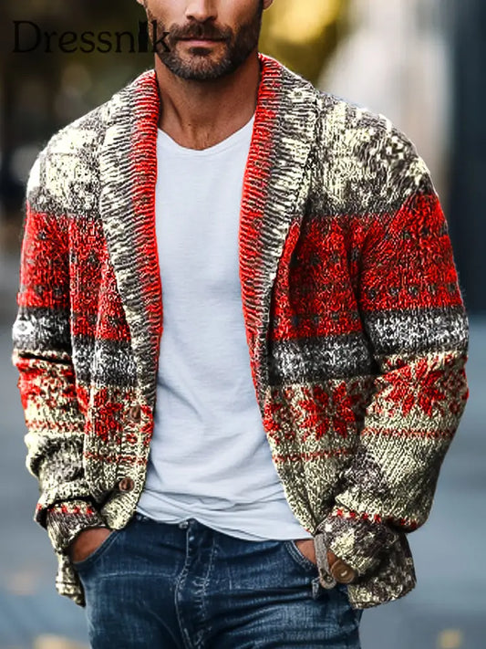 Gentleman Vintage Red Patchwork Fair Isle Muster Kunstdruck Revers Taschen Strick Strickjacke Bunt