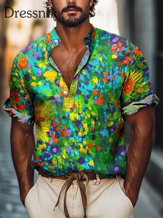 Gentleman Vintage Regenbogen Farbe Abstrakt Blumen Kunst Druck Kurzarm Henley Hemd Bunt / S