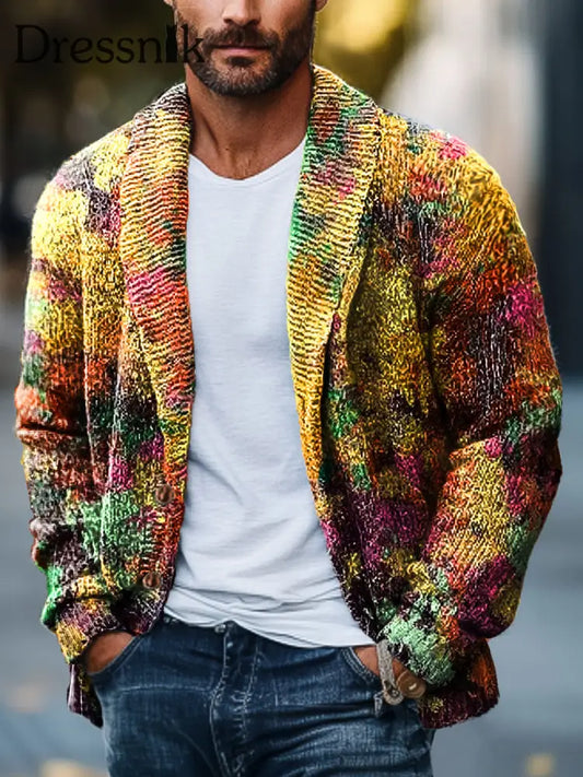 Gentleman’s Vintage Abstrakt Bunte Splash Art Print Revers Strick Strickjacke Bunt / S