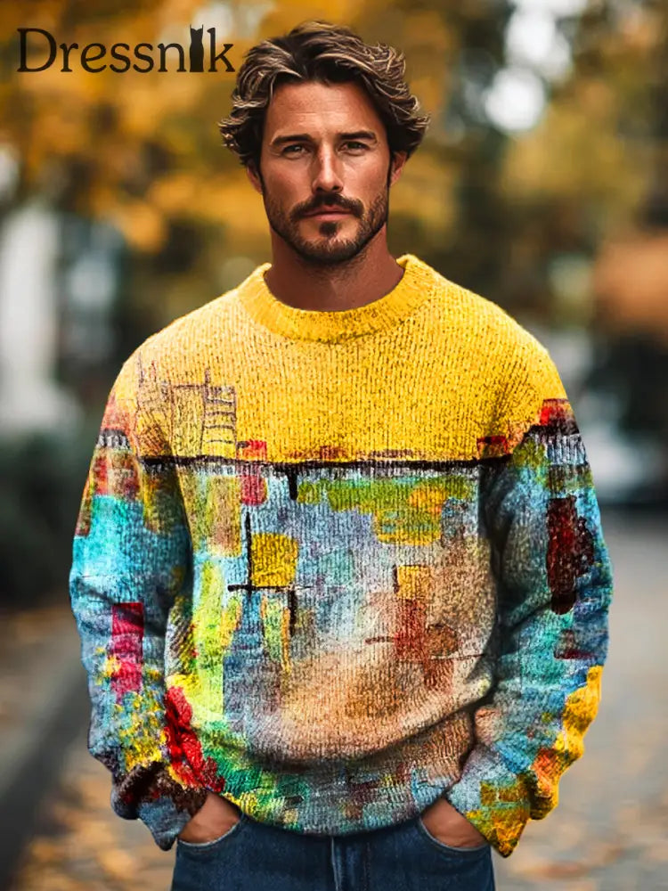 Gentleman’s Vintage Abstrakt Unregelmäßige Farb Blocking Kunstdruck Strick Pullover Mit