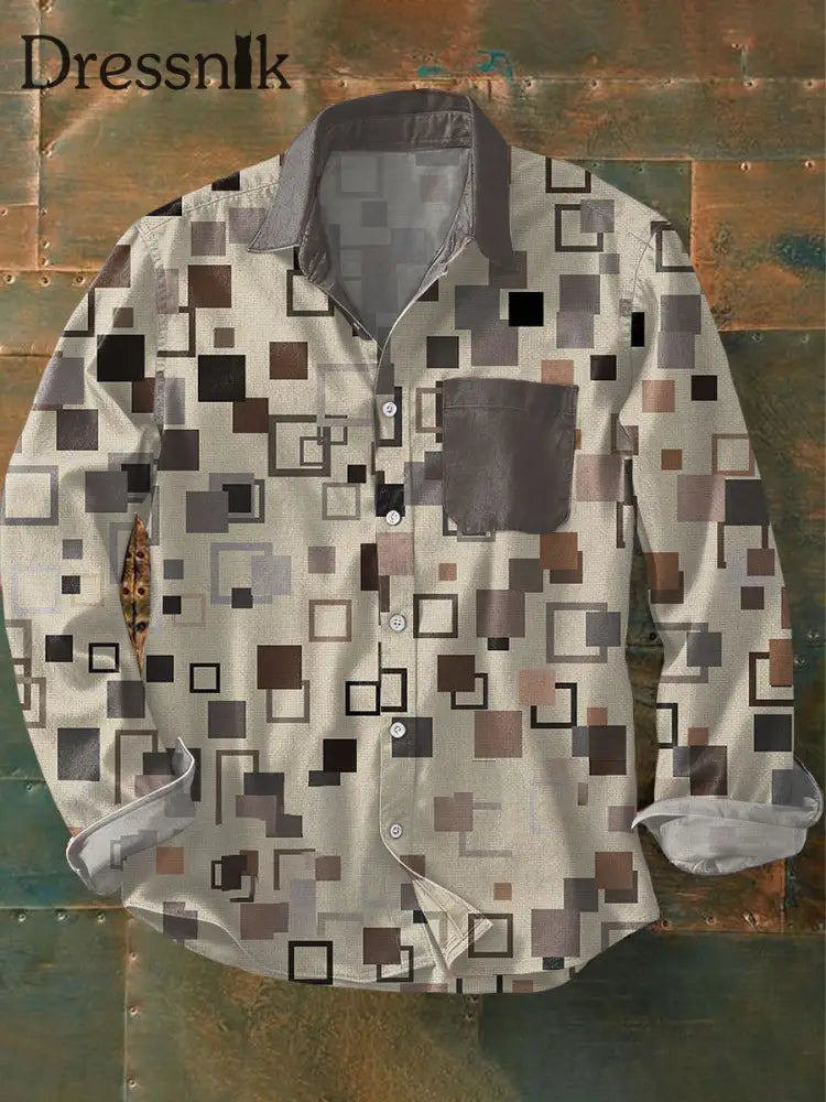 Geometrische Kunst bedrucktes Herren hemd Khaki / S