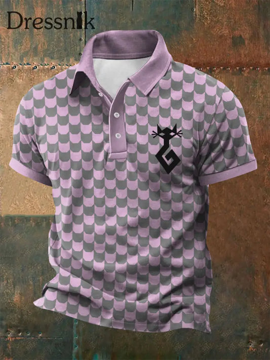 Geometrisches Kunst-Polos hirt mit Katzen druck für Männer Rosa / S