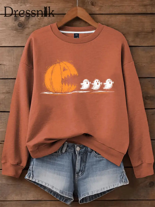 Halloween bedrucktes lässiges Sweatshirt für Damen gruselige Saison Kürbis Orange / S