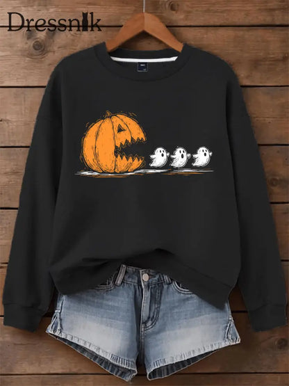Halloween bedrucktes lässiges Sweatshirt für Damen gruselige Saison Schwarz / S