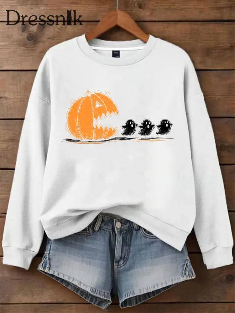 Halloween bedrucktes lässiges Sweatshirt für Damen gruselige Saison Weiß / S