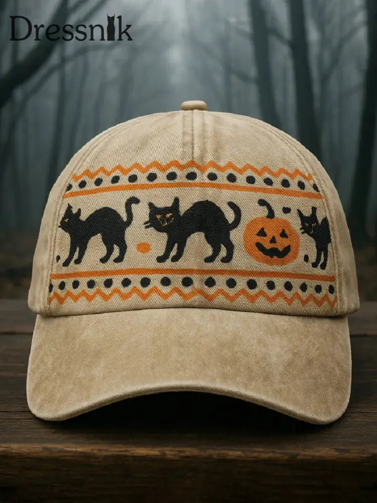 Halloween Schwarze Katze Print Casual Unisex Hut Khaki / S