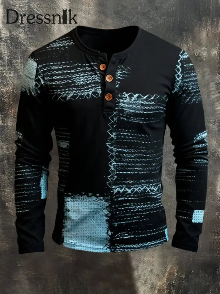 Henley-Hemd mit drei Knöpfen lang ärmeliges Herren-West muster Schwarz / S