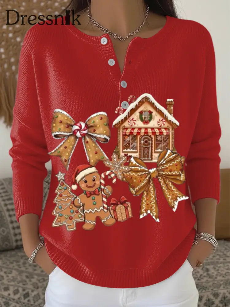 Henley-Pullover mit festlichem Lebkuchen-Hausdruck für Frauen mehrfarbig / S