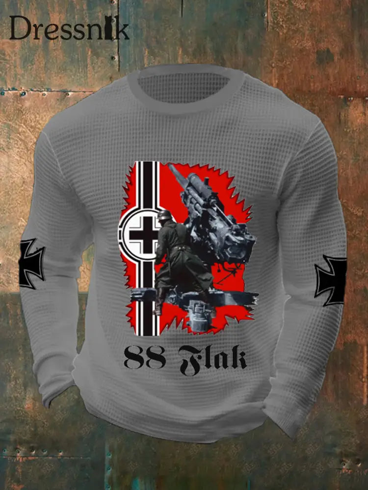 Herren 88 Flak bedrucktes Langarm Waffel-T-Shirt Grau / S