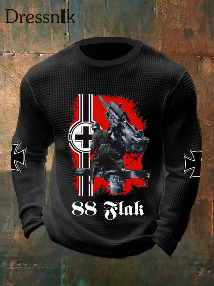 Herren 88 Flak bedrucktes Langarm Waffel-T-Shirt Schwarz / S