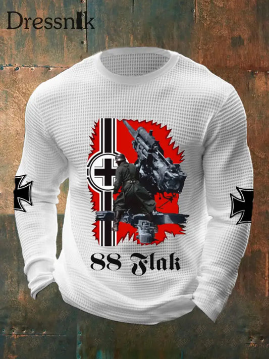 Herren 88 Flak bedrucktes Langarm Waffel-T-Shirt Weiß / S