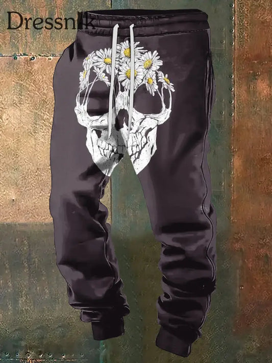 Herren Abstrakte Gänseblümchen Schädel Punk Print Jogging Hose Schwarz / S