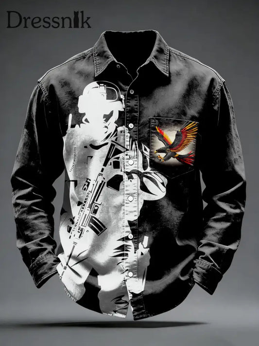 Herren-Adler mit deutscher Flagge Militär druck Freizeit hemd Schwarz / S