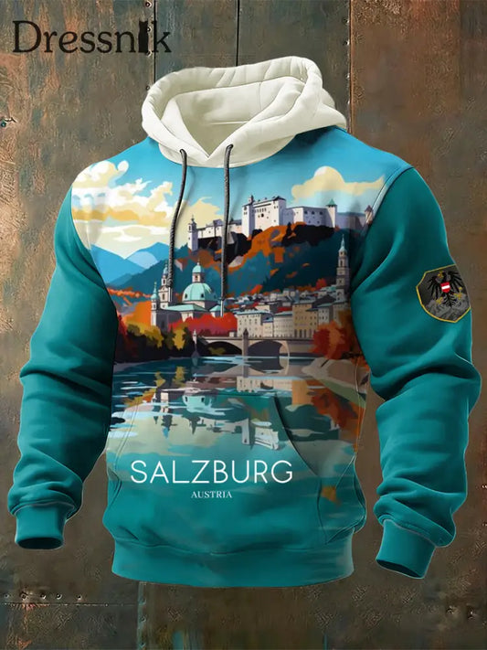 Herren Atember aubende Salzburg Österreich Landschaft Emblem Hoodie mehrfarbig / S