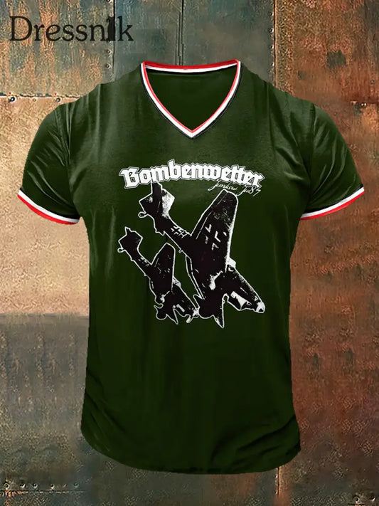 Herren-Bamben wetter bedrucktes Vintage-Mode-Kurzarm-T-Shirt mit V-Ausschnitt Armee grün / S