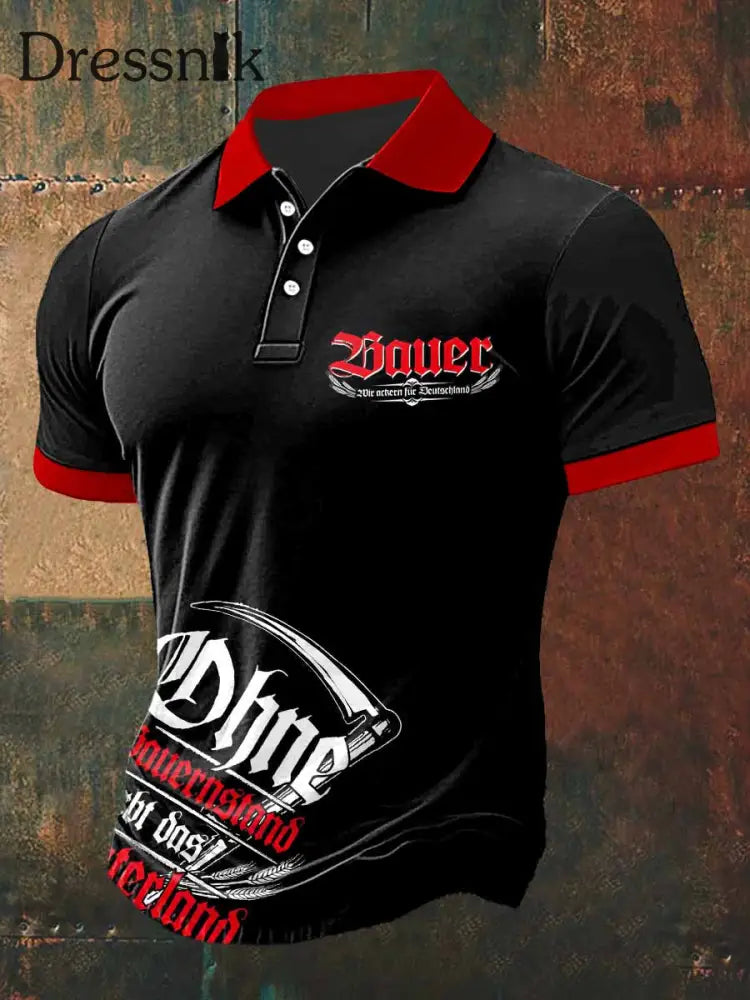Herren Bauer Print Polo Hals Kurzarm T-Shirt Schwarz / S