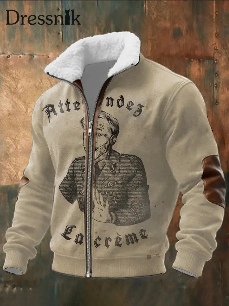 Herren Beige ’Hans Landa’ Porträt Patchwork Shearling Kragen Jacke mehrfarbig / S