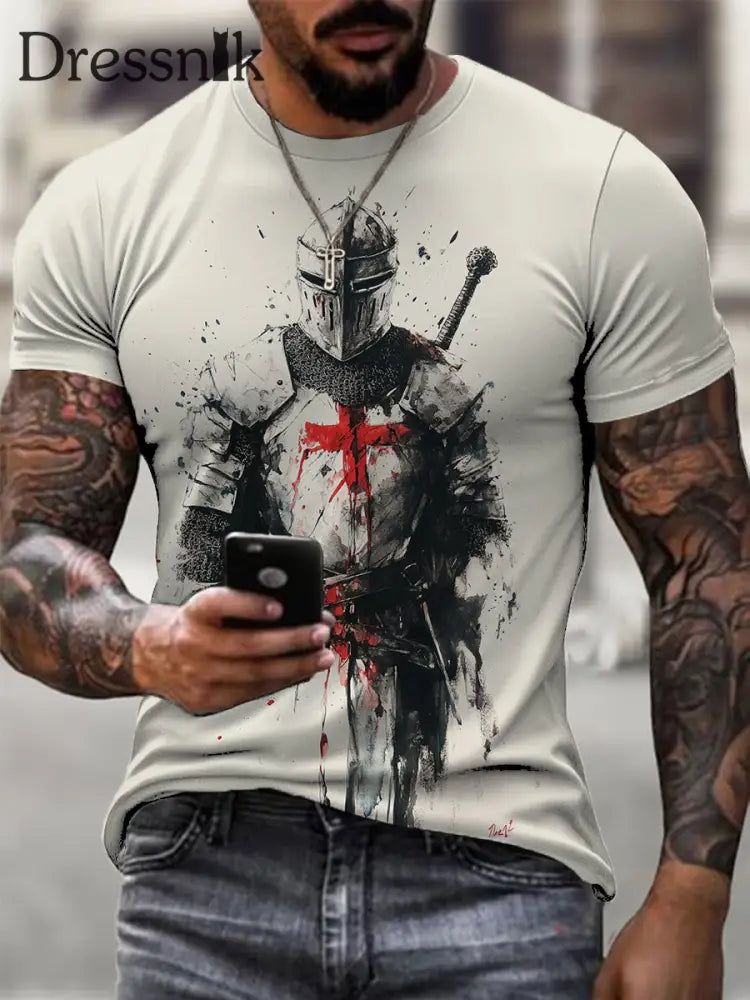 Herren Beige Ritter Tempelkreuz T-Shirt mehrfarbig / S