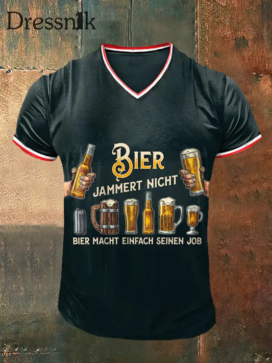 Herren Bier bedruckt Vintage Mode Kurzarm V-Ausschnitt T-Shirt Dunkelgrün / S