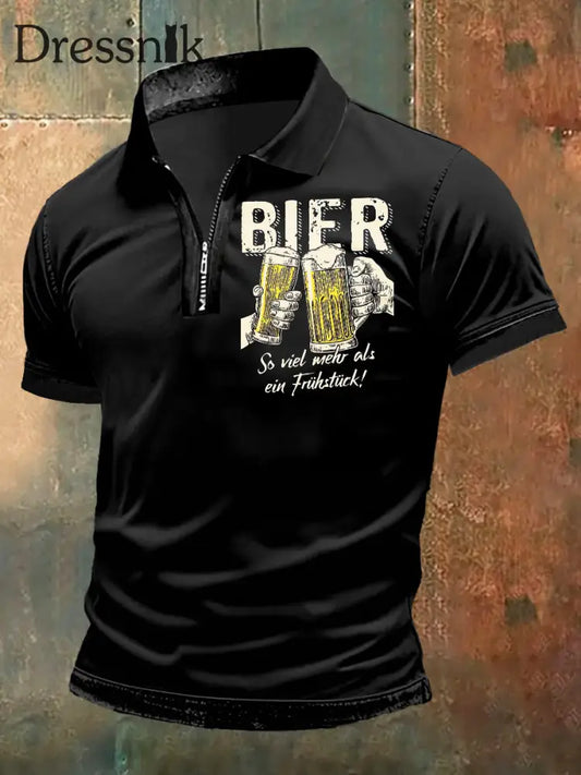 Herren Bier Print T-Shirt mit Reiß verschluss Polo-Ausschnitt Kurzarm Schwarz / S