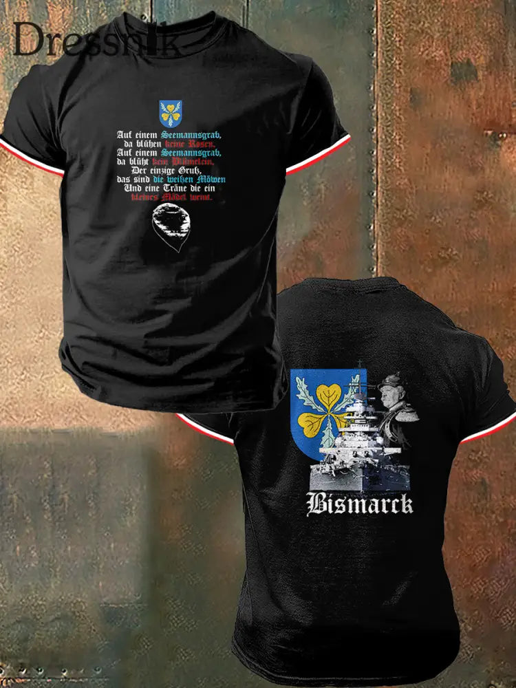 Herren Bismarck Print Vintage Mode Kurzarm T-Shirt Schwarz / S