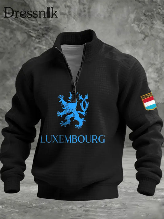 Herren Bold Blue Lion & Flag Print Stand-Kragen Quarter-Reiß verschluss Pullover mehrfarbig / S