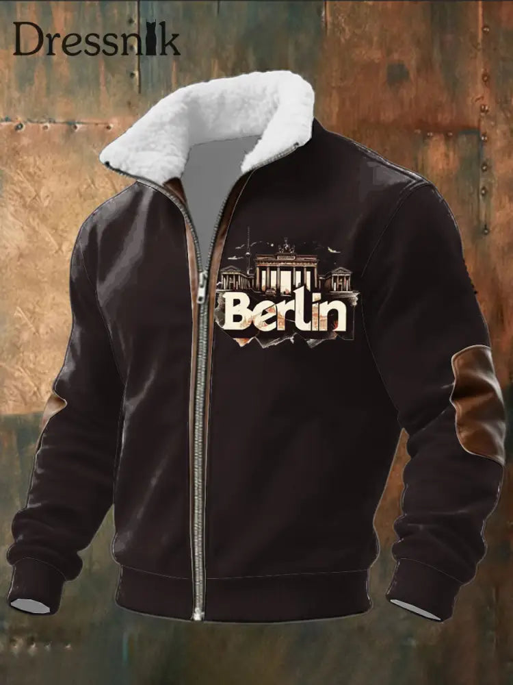 Herren Braun Berlin Landmark Print Sherpa-Gelinierte Zip Jacke mehrfarbig / S