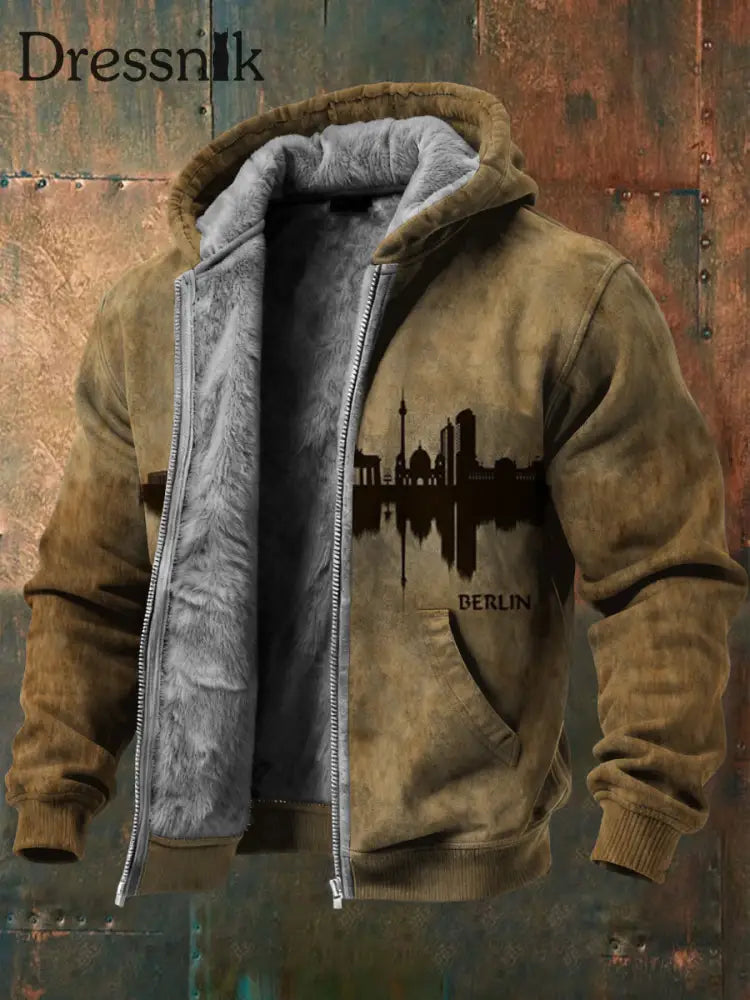 Herren Braun Berlin Skyline Print Fleece Ausgekleidet Kapuzen jacke mehrfarbig / S
