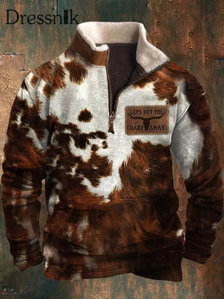 Herren braunes Kuhhaar Lassen Sie uns das verrückte 3D-Druck Pelzkragen Reiß verschluss Flush Outdoor Sweatshirt setzen