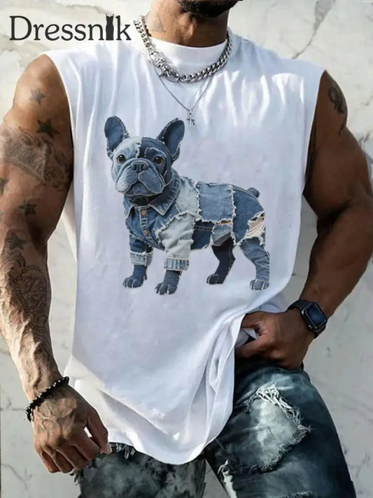 Herren Bulldogge Muster Patchwork Kunst Tank Top Weiß / S