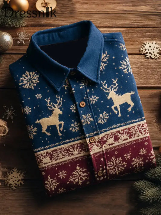 Herren-Business-Retro-Weihnachtskunst-Druck-Langarm-Hemd A / S