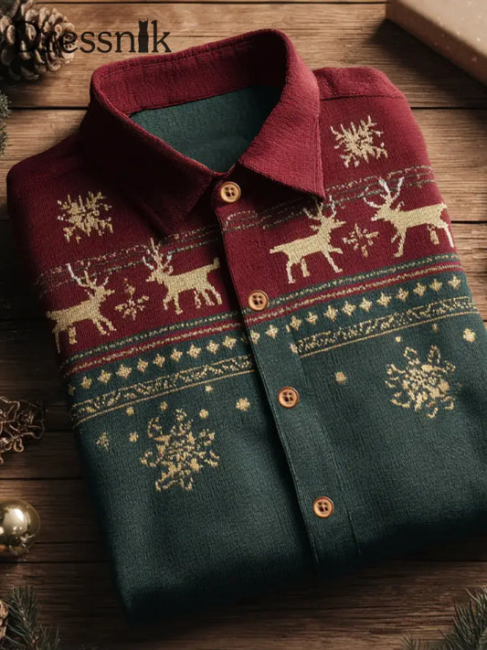 Herren-Business-Retro-Weihnachtskunst-Druck-Langarm-Hemd A / S