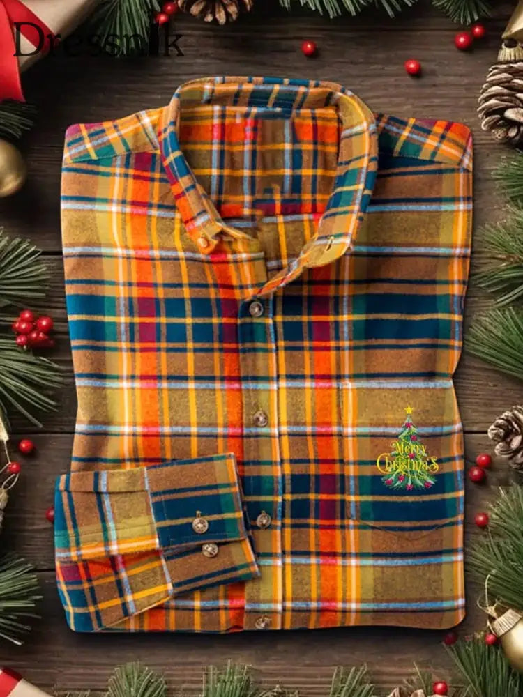 Herren-Business-Retro-Weihnachtskunst-Druck-Langarm-Hemd A / S