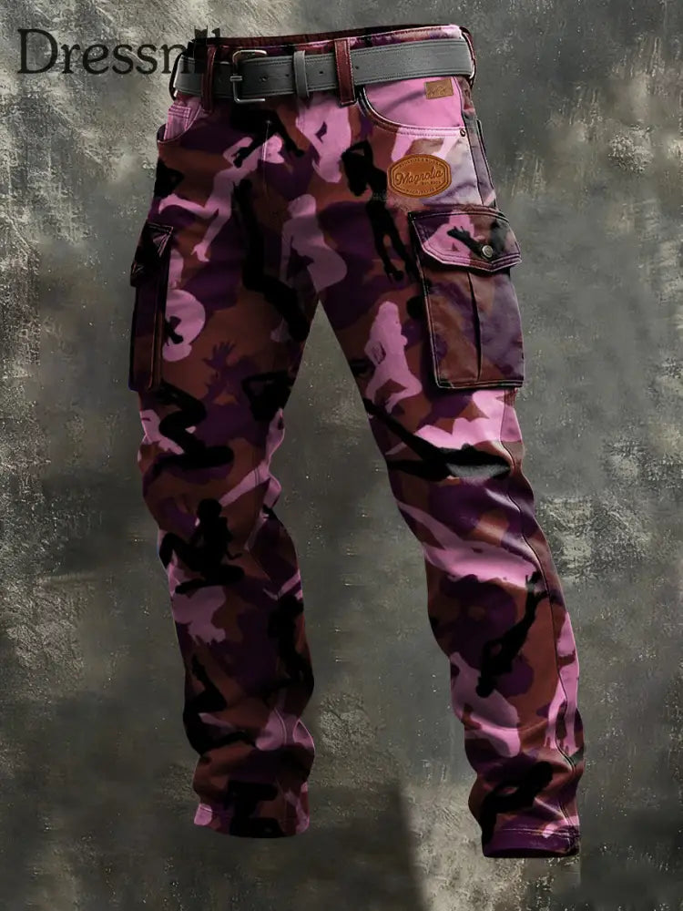 Herren Camouflage Business Style Print Retro Art Freizeit kleidung Hose Rosa / S