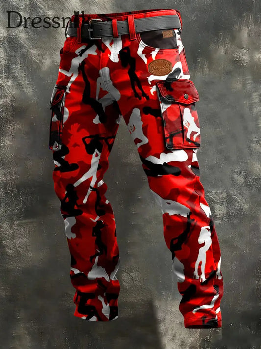 Herren Camouflage Business Style Print Retro Art Freizeit kleidung Hose Rot / S