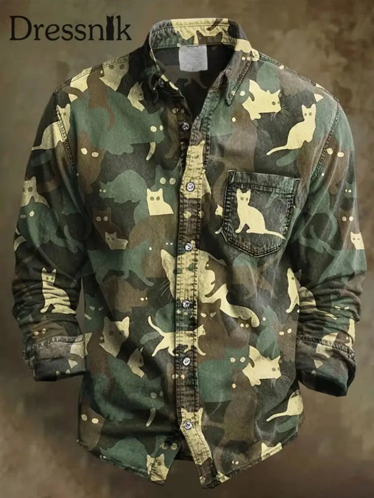 Herren Camouflage Katzen Kunstdruck Langarm Taschen hemd als bild / S