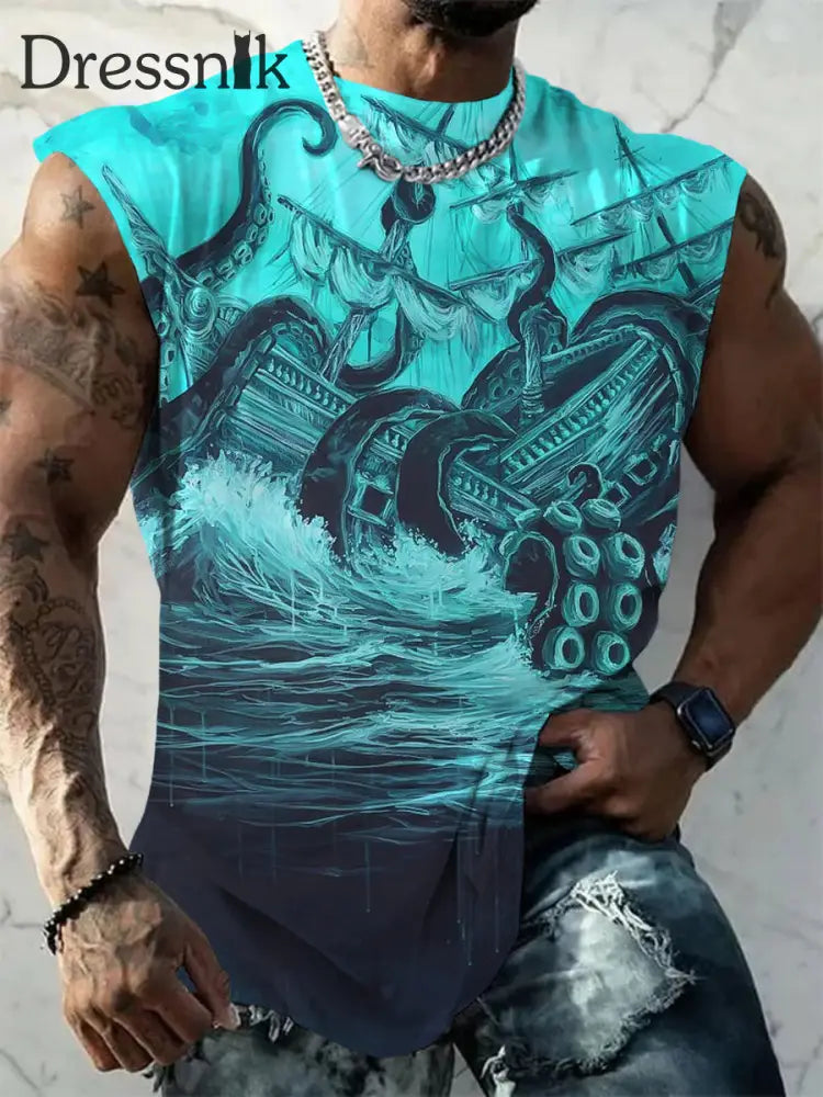 Herren Casual Maritime Segeln Octopus Art Print Crew Neck Tank Top Bunt / S