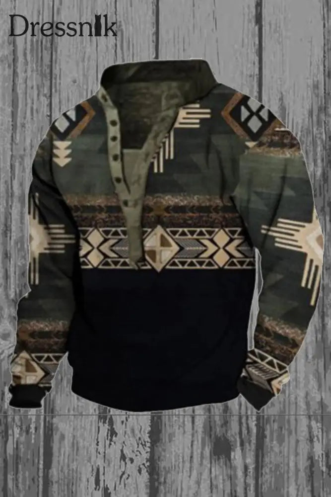 Herren Casual Stand Kragen Reiß Verschluss Retro Western Style Bedrucktes Langarm Sweatshirt D / S