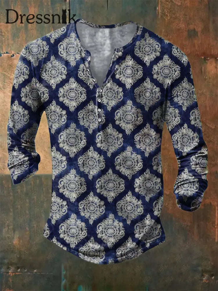 Herren Casual Vintage Print Button Down Langarm Henley Hemd Marineblau / S